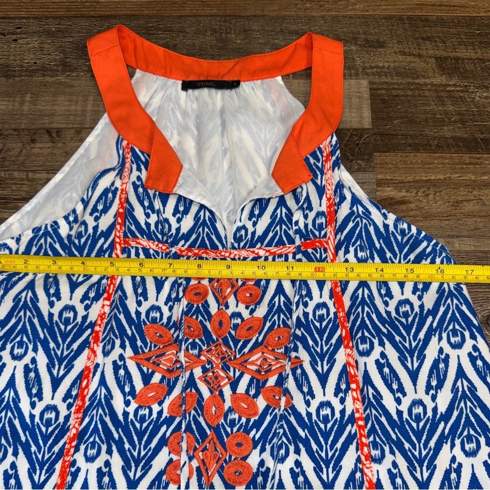 THML Embroidered Boho Mini Dress Small Blue White Ikat Tassel - Picture 5 of 6